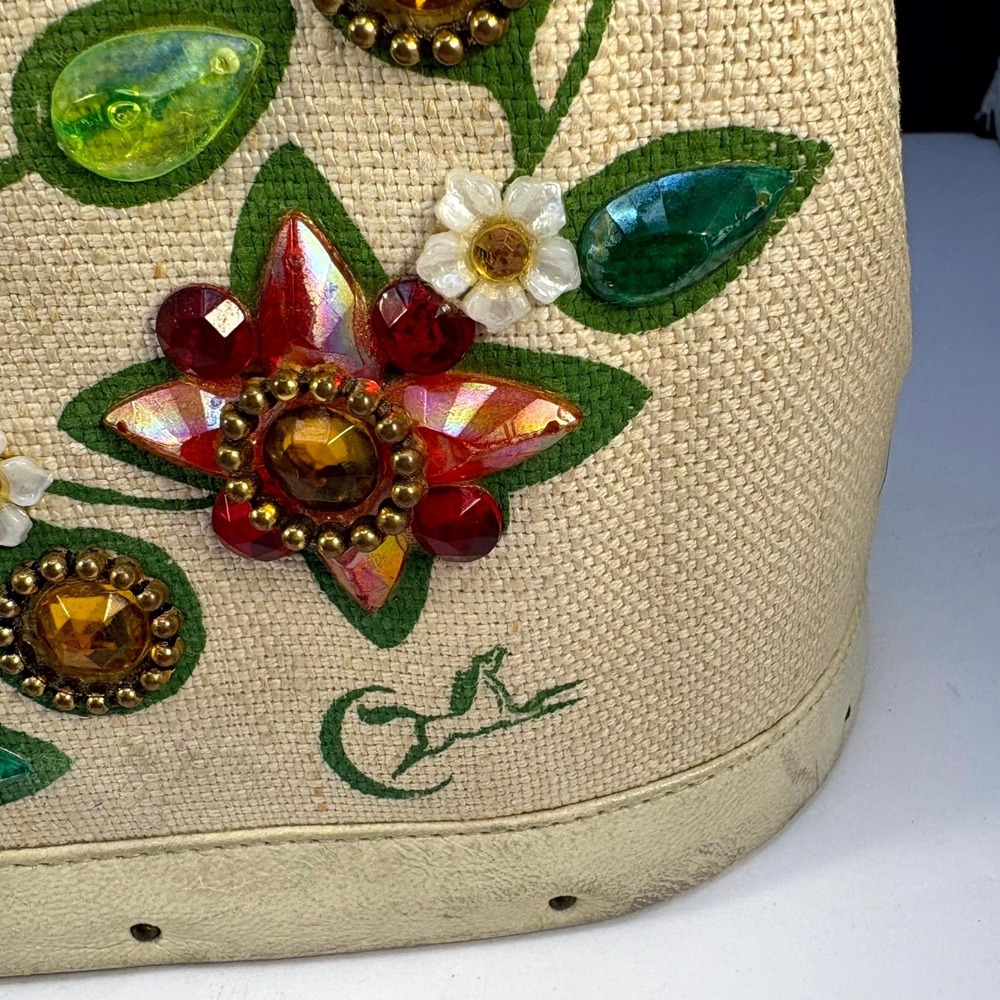 Vintage Enid Collins Flower Garden Jeweled Canvas Leather Handbag Horse Logo - Picture 10 of 15